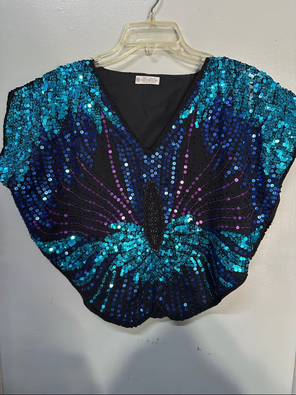 1980’s Butterfly Sequin V-Neck Party Top in Teal, Navy & Black